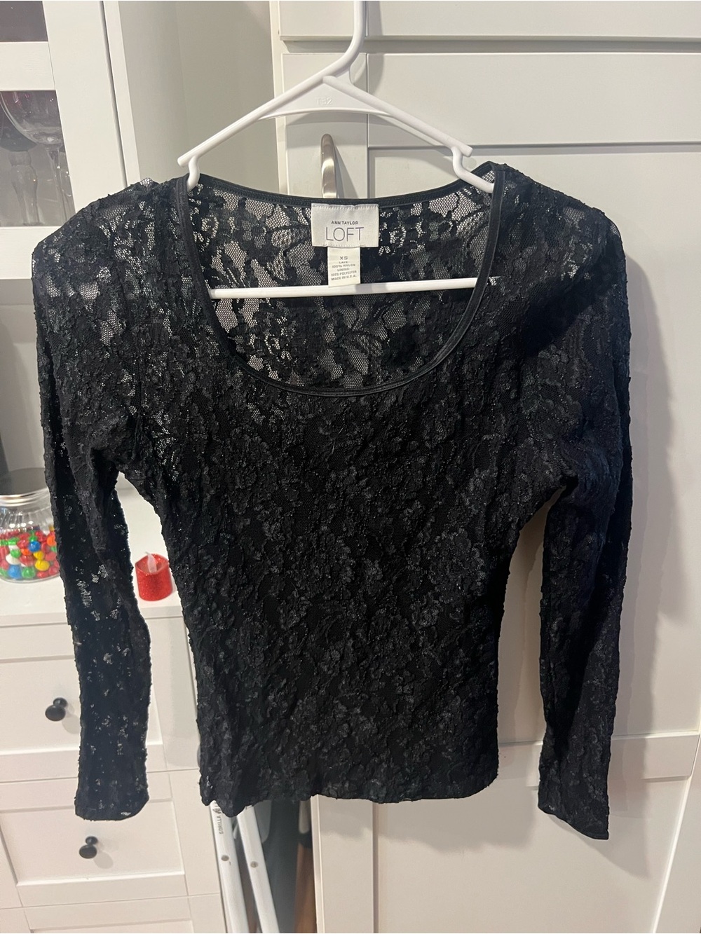 LOFT Black Floral Lace Long Sleeve Scoop Top
